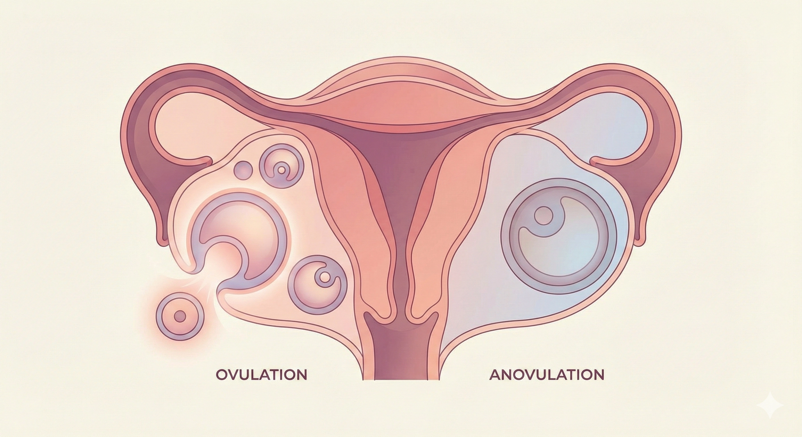 Simplified medical illustration showing the difference between a maturing follicle and a stalled follicle in the ovary..