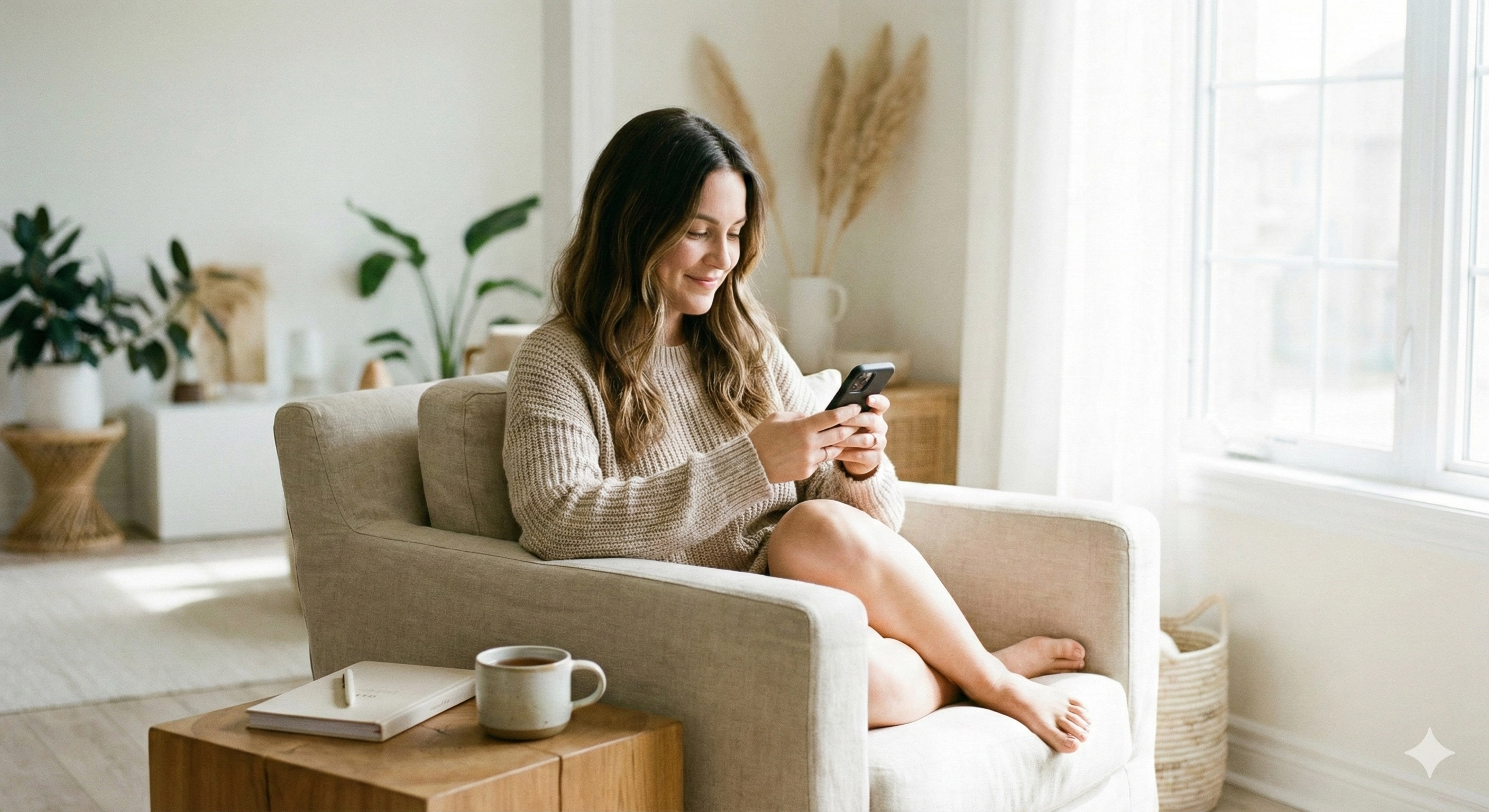 A woman comfortably using a secure health tracking app on her phone in a bright, private home setting.