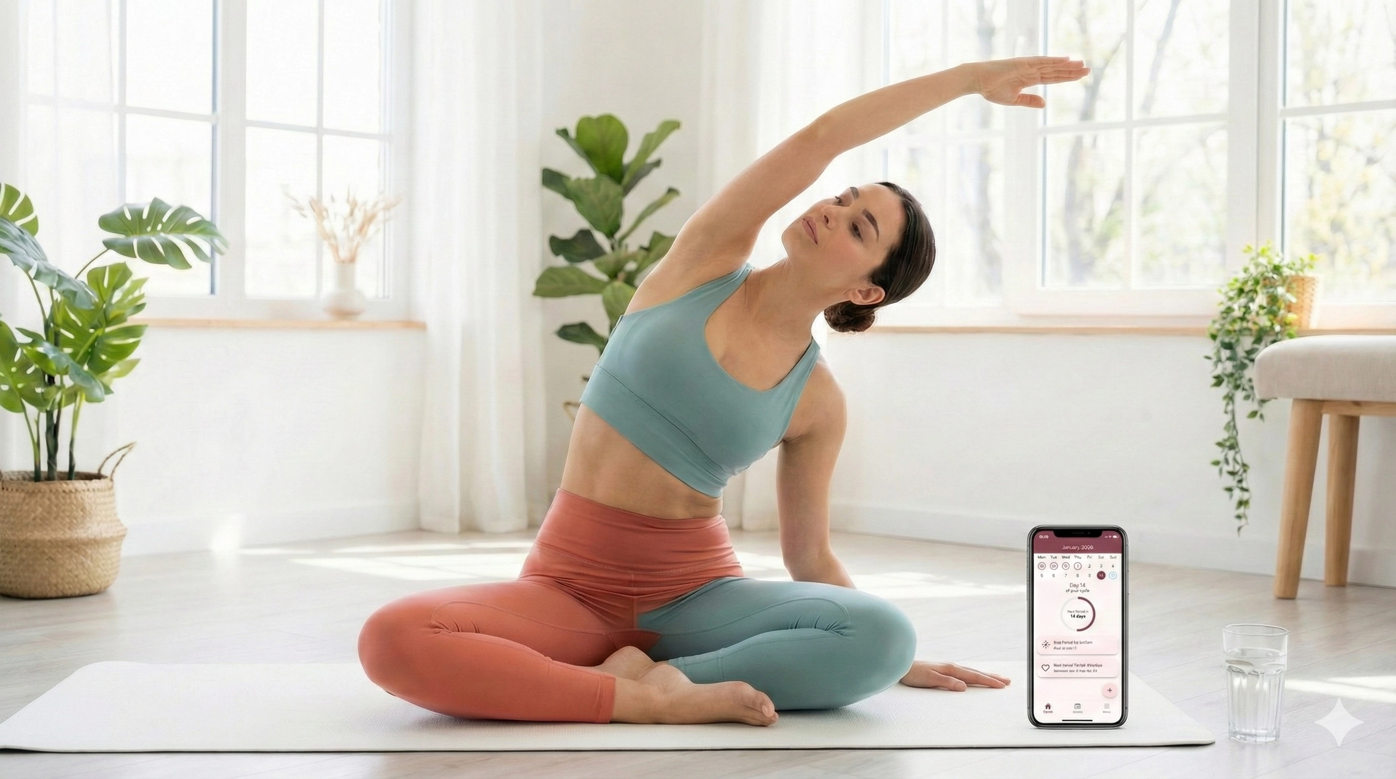 A woman practicing yoga in a bright, modern studio, representing the balance between exercise and the menstrual cycle.