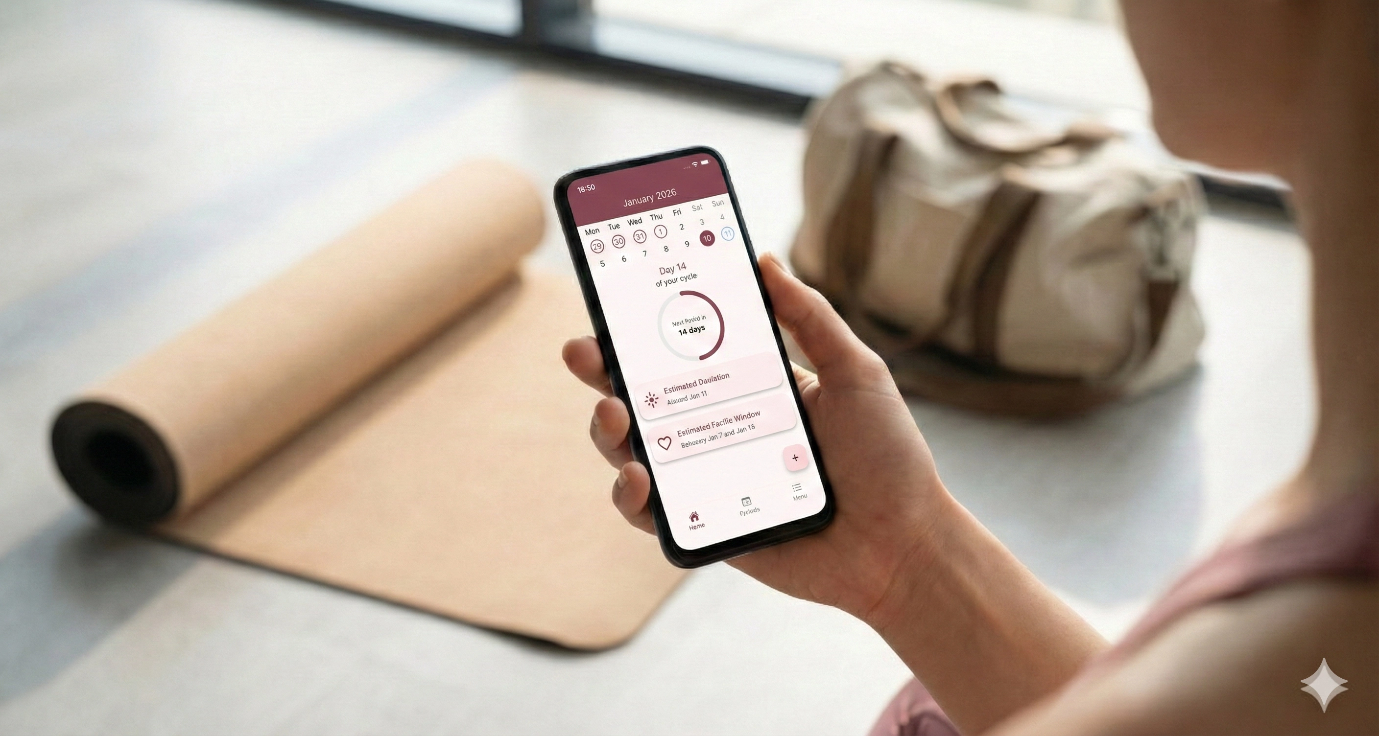 A woman checking her secure health data on her phone in a private setting, emphasizing ad-free cycle tracking.