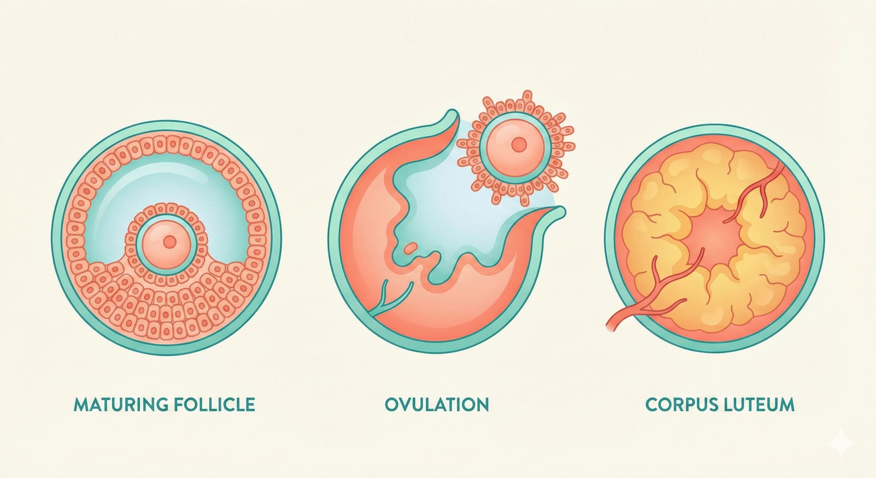 Illustration of follicle growth in the ovary from the follicular phase through ovulation to the corpus luteum.