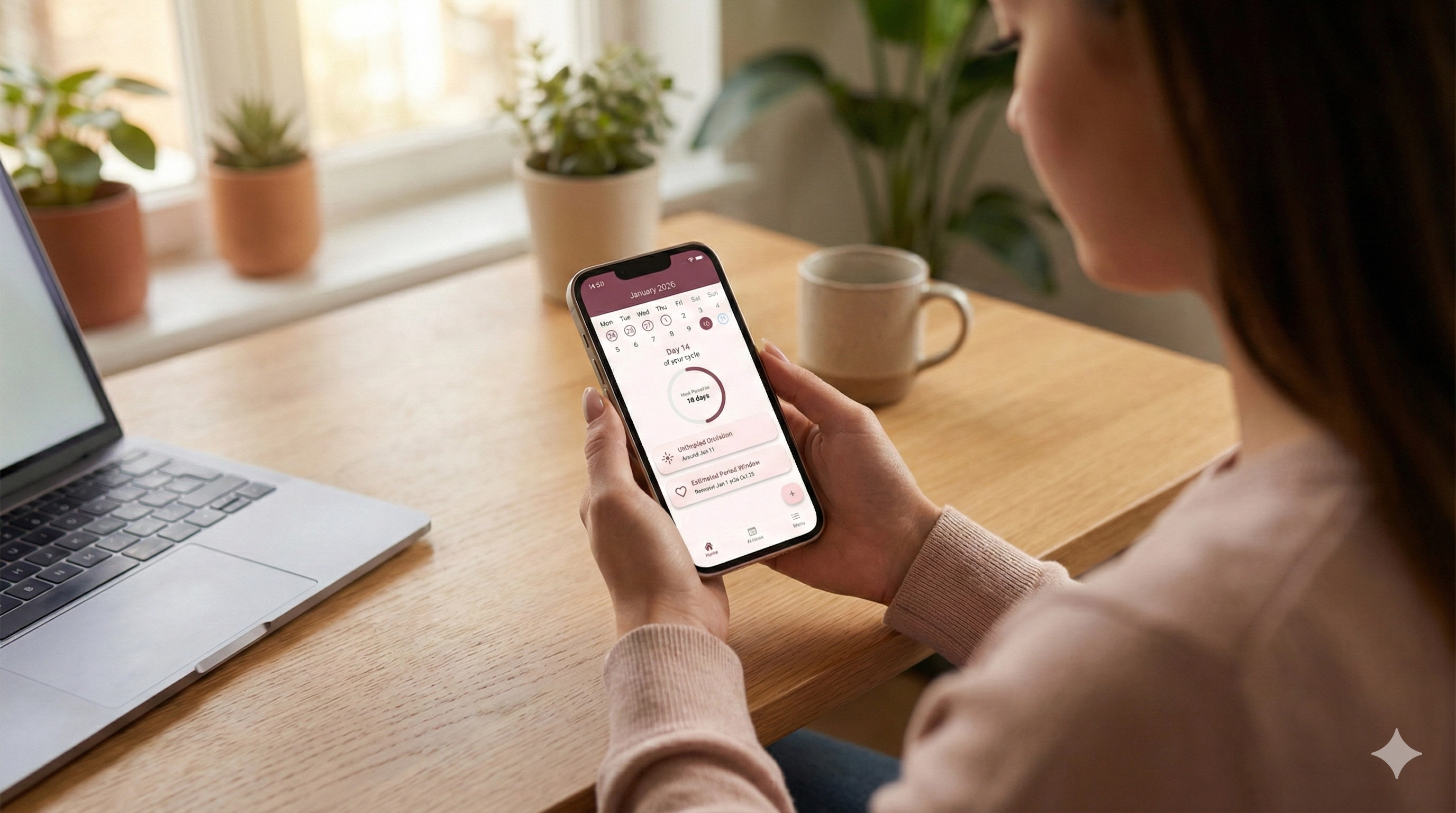 A woman holding her phone securely, representing the privacy-first data storage of the Azallea app.