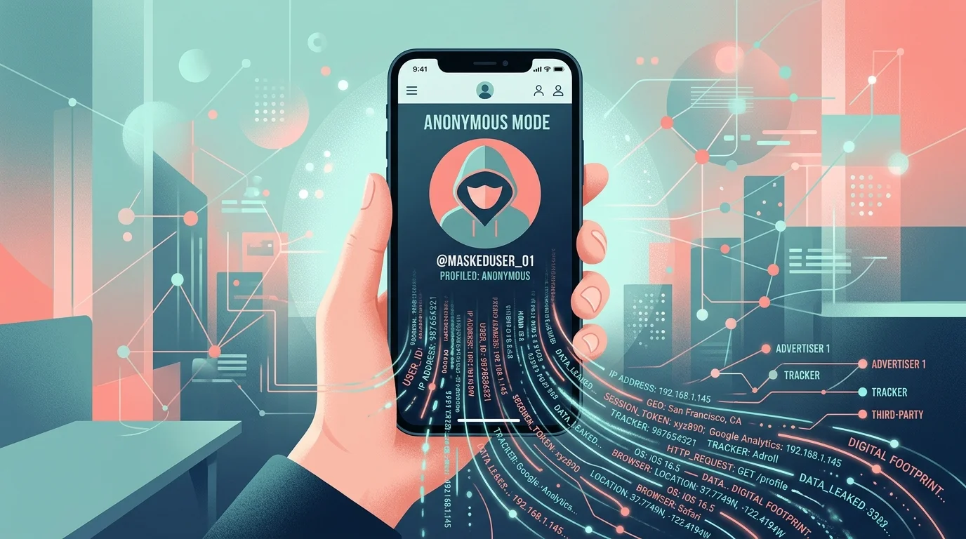 A digital illustration of a smartphone screen showing a masked user profile labelled Anonymous Mode, with trailing lines of leaked digital footprints like IP addresses and device metadata.